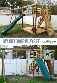 a wooden play set with a slide and climbing frame in the back yard is shown