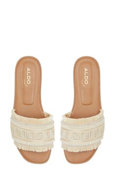 Fringe trim highlights the textured strap of a lightweight slide that's ideal for all your warm-weather adventures. Textile upper/synthetic lining and sole Imported Shuffle Cutouts, Vacay Fits, Goddess Vibes, Cute Slides, Preppy Bedroom, Boho Shoes, Preppy Shoes, Cozy Boots, Cruise Outfits