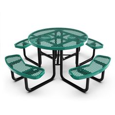 an outdoor table with four benches on it and one bench in the middle, which is made out of metal mesh