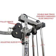 the parts of a pulley bar machine are labeled in red and black text on a white background