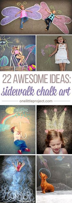 several different pictures with the words 22 awesome ideas sidewalk chalk art on them, including fairy wings