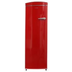 a red refrigerator freezer sitting on top of a white floor next to a wall