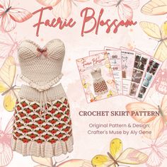 the crochet skirt and dress pattern is shown in front of butterflies with text that reads