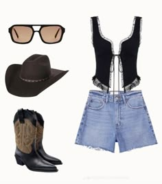 Country concert outfit idea, denim shorts, blue denim shorts, cute tops, cute black top, sunglasses, cowboy boots, bkack cowboy boots, cowboy hat Austin Texas Outfits Summer Going Out, White Travel Outfit, Nashville Birthday Weekend Outfits, 90s Cowgirl Outfits, Stagecoach Outfit 2024, Most Wanted Tour Outfits, Cochella Outfits 2024, Christian Nodal Concert Outfit, Bad Bunny Concert Outfit Nadie Sabe