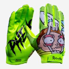 a green and black glove with an image of a cartoon character on the back of it