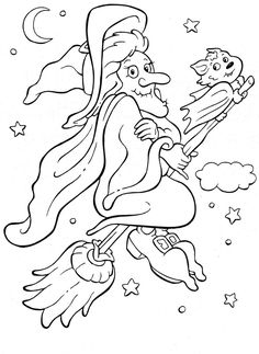 a cartoon witch flying through the air with her broom and cat on her back coloring page