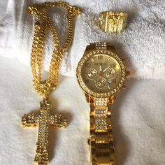 This Is A Man’s Gold Plated Watch Men’s Cross Necklace And Men’s Size 10 Ring New Never Worn Nickles Jewelry Gold, Nickles Jewelry, Mens Jewelry Gold, Gold Watches For Men, Gold Plated Watch, Mens Gold Jewelry, Gold Watch Men, Men Jewelry, Mens Accessories Jewelry