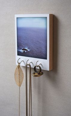 there is a photo hanging on the wall with three hooks and two rings attached to it