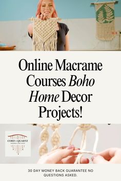 a woman holding up a macrame with the words online macrame courses bolo home decor projects