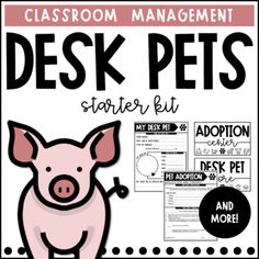 the classroom management desk pets starter kit is shown in black and white with an image of a pig