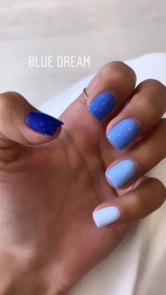 // b l u e s Gradual Nail Color, Blue Dip Manicure, Pretty Short Nails Gel Blue, Cute Short Nails Acrylic Square Colorful, Summer Vacation Manicure, Short Nail Plain Color, Gel Nails Ideas Pastel, Different Blues Nails, Dip Nails Purple Ombre