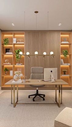 an office with wooden shelving and shelves filled with plants, bookshelves and a computer on a desk