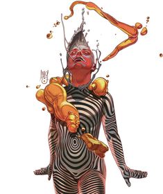 a drawing of a woman with an orange and black striped body suit on her head