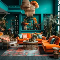 a living room filled with furniture and lots of plants on top of the walls in front of windows