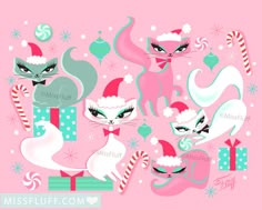 christmas cats with santa hats and candy canes on a blue background, surrounded by presents