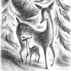 a drawing of a mother deer and her baby in the snow with pine trees behind them