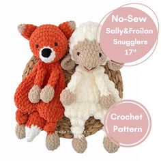 two crocheted teddy bears sitting next to each other in a basket with labels stating no - sew, sully & frollan smuglers 17