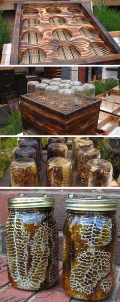 jars with bees in them and the words beehive in a jar on top