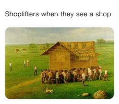 there are many people standing around in front of a house that says shopliftrs when they see a shop