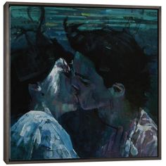 a painting of two people kissing in front of each other with their faces close together