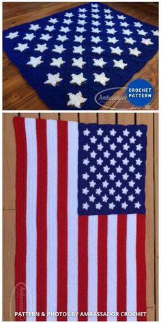 an american flag rug made with crochet is shown in two different pictures, and the