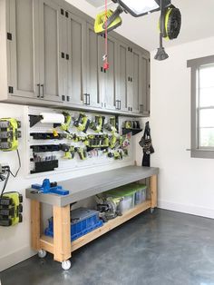 a work shop tour with tools on the wall and in the background is an open garage