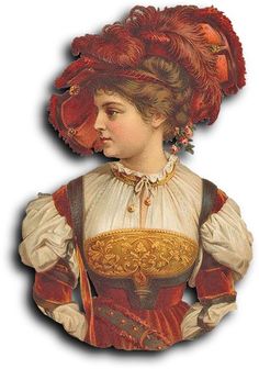 an image of a woman wearing a red and white dress with feathers on her head