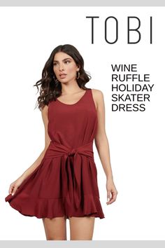 Be beautiful in this gorgeous wine ruffle holiday skater dress. Can you imagine getting dress up cocktail party gowns for Christmas and New Year's Eve outfits on sale? Now's your chance to save. Why pay more when you can get fresh winter festivity clothing and beautiful formal attire for ladies at affordable prices from TOBI. #shoptobi #holidaydresses #skaterdresses Flowy Dress Short