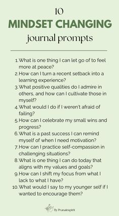 10 journal prompts to change your mindset for the better.  #mindset #mindsetshift #mindsettips #journal #journalprompts #journalquestions #stressjournal #anxiety #stress #anxietyrelief #stressrelief #stressmanagement #growth #growthmindset #lettinggo #newera #success #personaldevelopment #healthylife #healthyhabits #peace #mentalhealth #mentalrest #gratitude Inside Then Out Journal, Journal Prompts To Know Yourself Better, Fill In The Blank Journal Prompts, Mindfulness Prompts For Adults, Journal Prompts For Positivity, 30 Day Gratitude Challenge Journals, Journal Prompts For Recovering Addicts, Productive Journal Prompts, Journaling For Growth