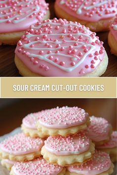 some pink and white cookies are stacked on top of each other