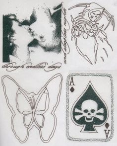 four playing cards with different designs on them, including a skull and a card deck