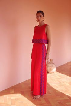 Charlie Jumpsuit In Rhubarb Ric Rac - Pre Order – Mister Zimi Tailored Boho Fashion, Mr Zimi Dresses, Outfit Inspo Women 30s, Colorful Jumpsuit Outfit, Mexican Inspired Fashion, Art Event Outfit, Guest Attire For Wedding, South Of France Wedding Guest Outfit, Colorful Wedding Outfit