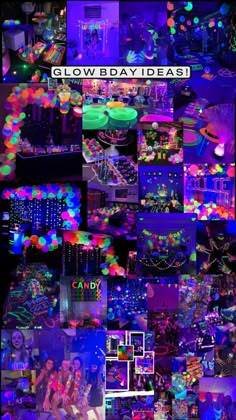 a collage of photos with neon colors and text that says glowday ideas on it