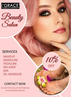 a woman with pink hair and makeup is shown in this ad for beauty salons