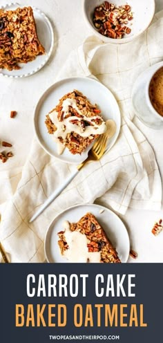 carrot cake baked oatmeal on white plates with spoons and cinnamon in the background