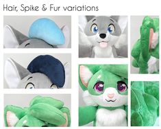 several pictures of stuffed animals with different colors and sizes, including one grey cat, the other green