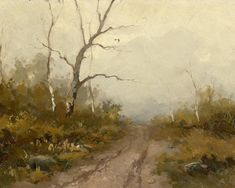 an oil painting of a dirt road in the woods