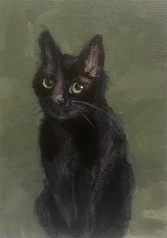 a painting of a black cat with green eyes