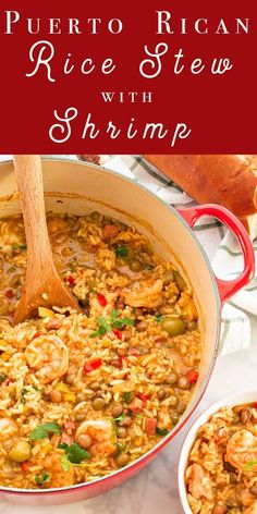 a red pot filled with rice and shrimp next to a white bowl full of other food