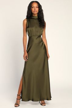 Classic Elegance Olive Satin Sleeveless Mock Neck Maxi Dress Olive Evening Dress, Mock Neck Maxi Dress, Fabric Detailing, Gathered Fabric, Sleeveless Mock Neck, Fall Wedding Guest Dress, Mob Dresses, Mock Neck Dress, Formal Dresses Gowns