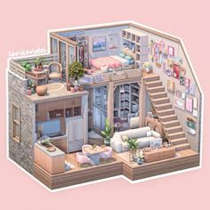 an image of a doll house with stairs and furniture in the living room on top of it