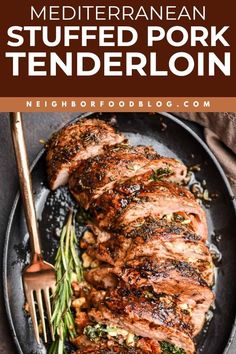 Discover the BEST Mediterranean Stuffed Pork Tenderloin recipe! This simple pork recipe is perfect for family-friendly dinners. With the BEST stuffed pork tenderloin recipe serve a juicy tender meal! Grilled Pork Tenderloin Recipes, Roasted Pork Tenderloin Recipes, Loin Recipes, Recipes Mediterranean, Pork Tenderloin Recipe, Balsamic Pork, Tenderloin Recipe, Stuffed Pork, Grilled Pork Tenderloin