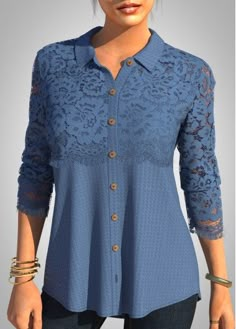 Color:Blue;Size:S;Size:M;Size:L;Size:XL;Size:XXL;Decoration:Lace Patchwork;Style:Casual;Sleeve's Length:Long Sleeve;Pattern Type:Solid;Neckline:Turndown Collar;Clothing's Length:Long;Composition:100%Polyester;Season:Autumn;Color Scheme:Blue;Occasion:Staycation;Washing Instructions:Hand Wash;Package Contents:1 X Blouse; Blouse Necklines, Stylish Tops For Women, Trendy Tops For Women, Fashion Tops Blouse, Trendy Fashion Tops, Lace Patchwork, Blouse Diy