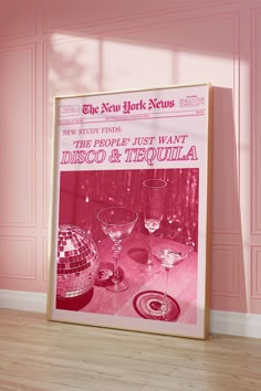 Pink Bar Decor, Fun Posters Wall Art, Diy Retro Wall Art, College Dorm Prints, Pink Disco Room, Girly Apartment Decor Bedroom, Pink Living Room Aesthetic, Disco And Tequila, Photo Wall Living Room