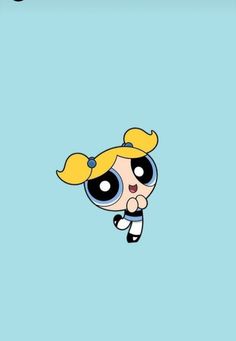 the powerpuff girl is flying through the air with her head tilted to the side