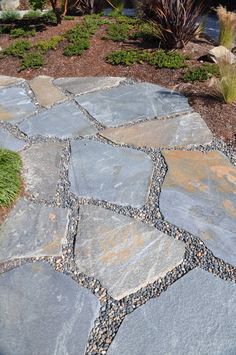 a stone walkway in the middle of a garden