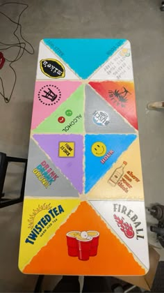 a table that has some stickers on it