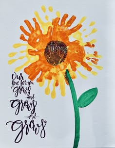 Handprint Sunflower Craft, Hand Print Sunflower, Cousin Handprint Art, Sunflower Kindergarten Activities, Sunflower Handprint Art, Happy Birthday Grandma Craft, Sunflower Crafts For Toddlers, Grandparents Day Ideas For School, Sunflower Kindergarten