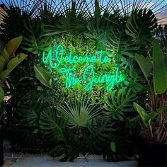 there is a green neon sign that says welcome to the jungle in front of some plants