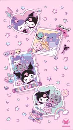 an image of some cartoon characters on a pink background with hearts and stars around them